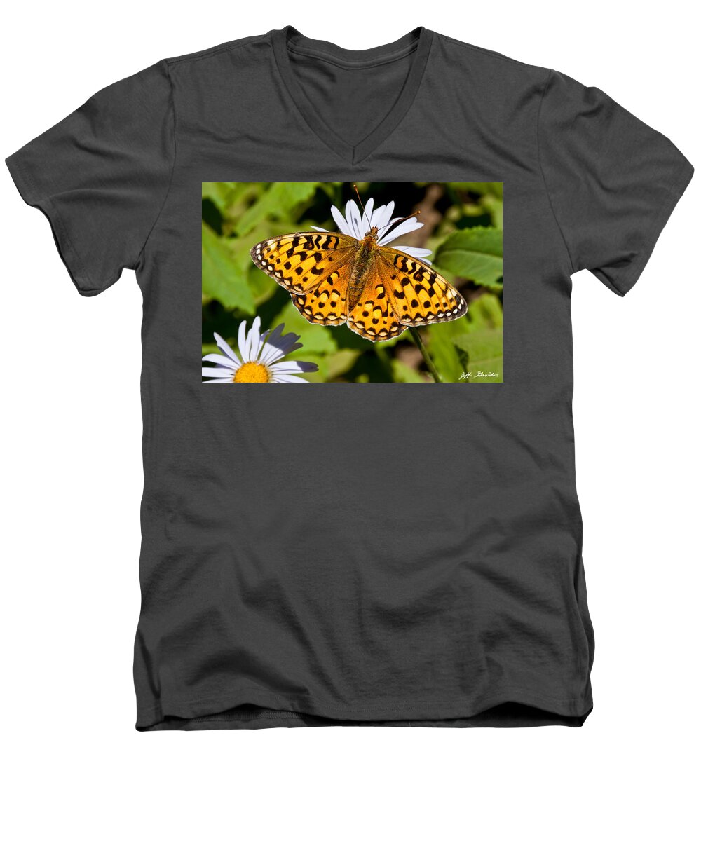 Aster Men's V-Neck T-Shirt featuring the photograph Pearl Border Fritillary Butterfly on an Aster Bloom by Jeff Goulden