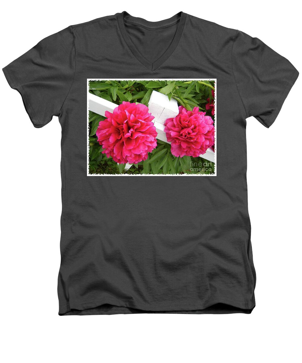 Resting Flowers Men's V-Neck T-Shirt featuring the photograph Peonies Resting on White Fence by Barbara A Griffin
