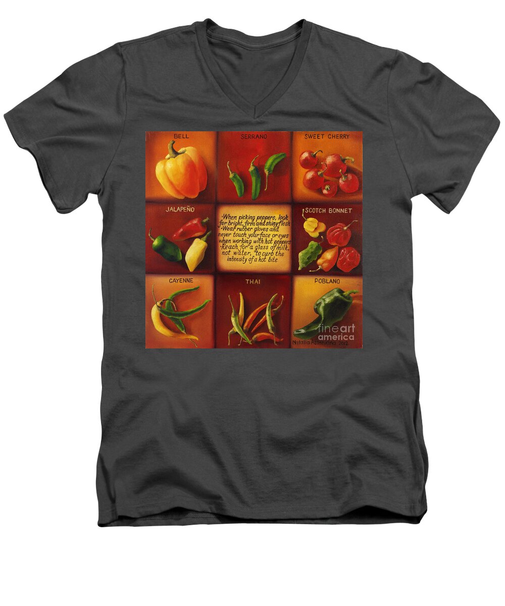 Peppers Men's V-Neck T-Shirt featuring the painting Pepper Facts by Natalia Astankina