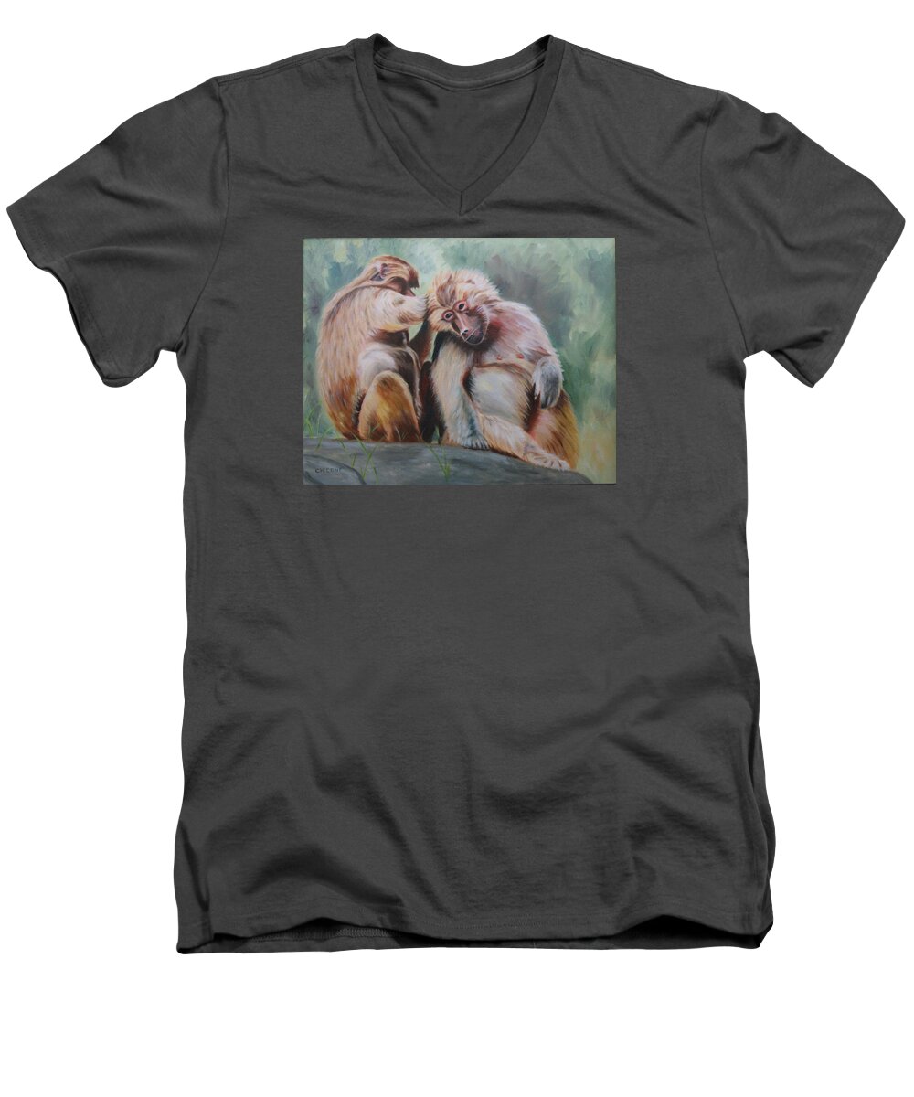 Baboons Men's V-Neck T-Shirt featuring the painting Pick Your Friends Carefully by Jill Ciccone Pike