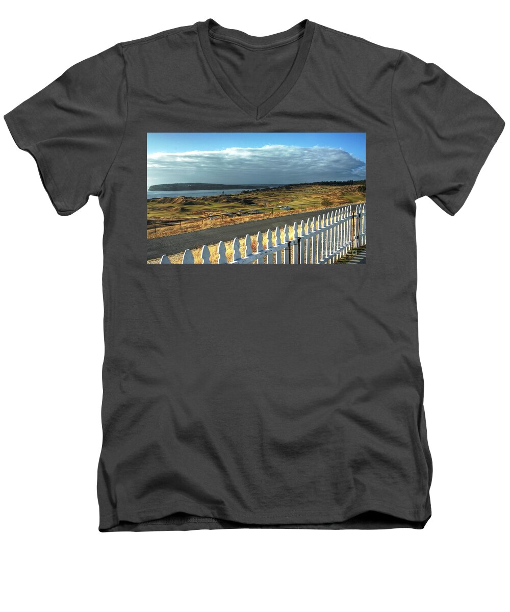 Chambers Creek Men's V-Neck T-Shirt featuring the photograph Picket Fence - Chambers Bay Golf Course by Chris Anderson