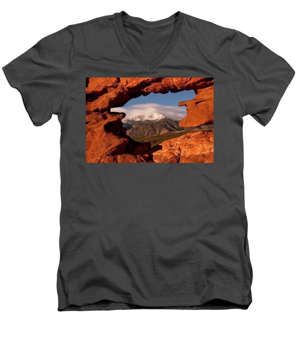 Pikes Peak Men's V-Neck T-Shirt featuring the photograph Pikes Peak Framed by Ronda Kimbrow