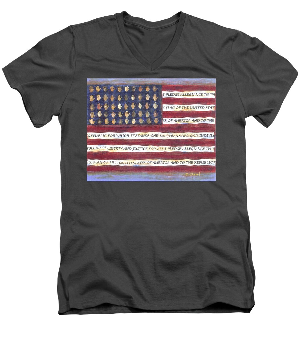 Flag Men's V-Neck T-Shirt featuring the mixed media Pledge Flag by Carol Neal
