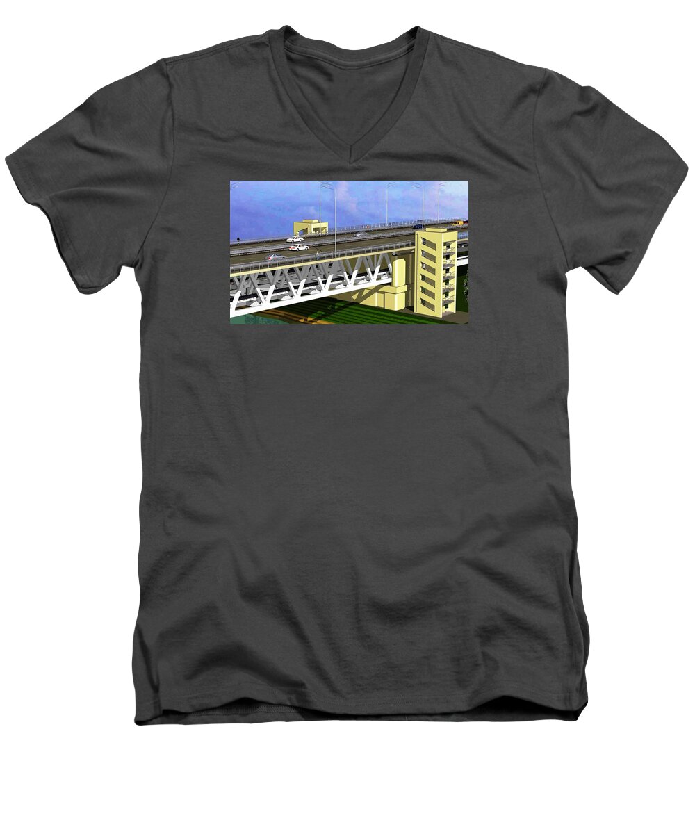 Podilsky Bridge Architecture Men's V-Neck T-Shirt featuring the drawing Podilsky Bridge by Oleg Zavarzin
