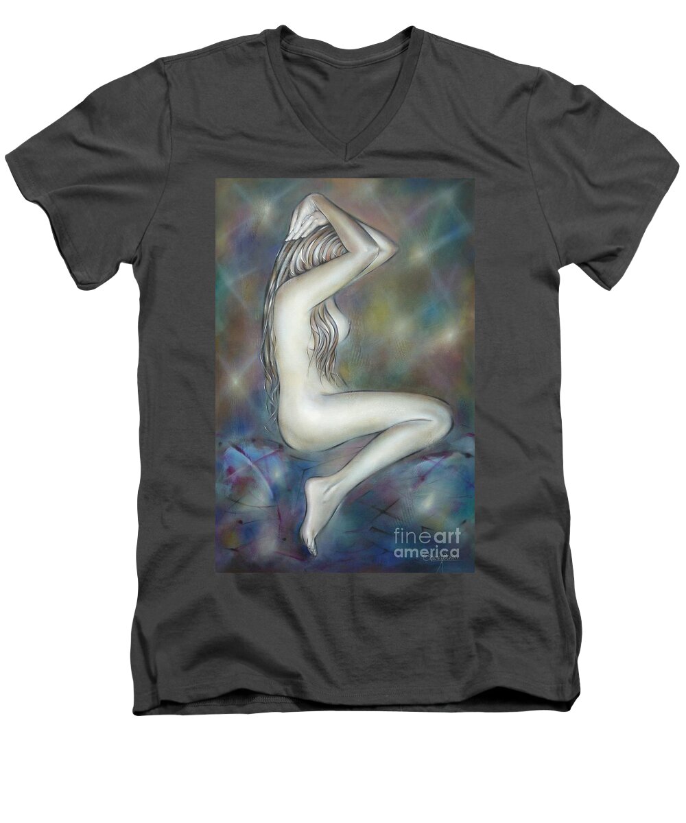 Nude Men's V-Neck T-Shirt featuring the painting Porcelain Nude 080810 by Selena Boron