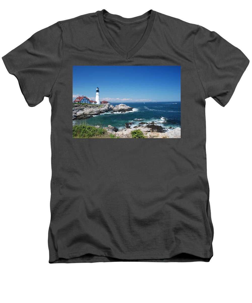Portland Head Lighthouse Men's V-Neck T-Shirt featuring the photograph Portland Head Lighthouse by Allen Beatty