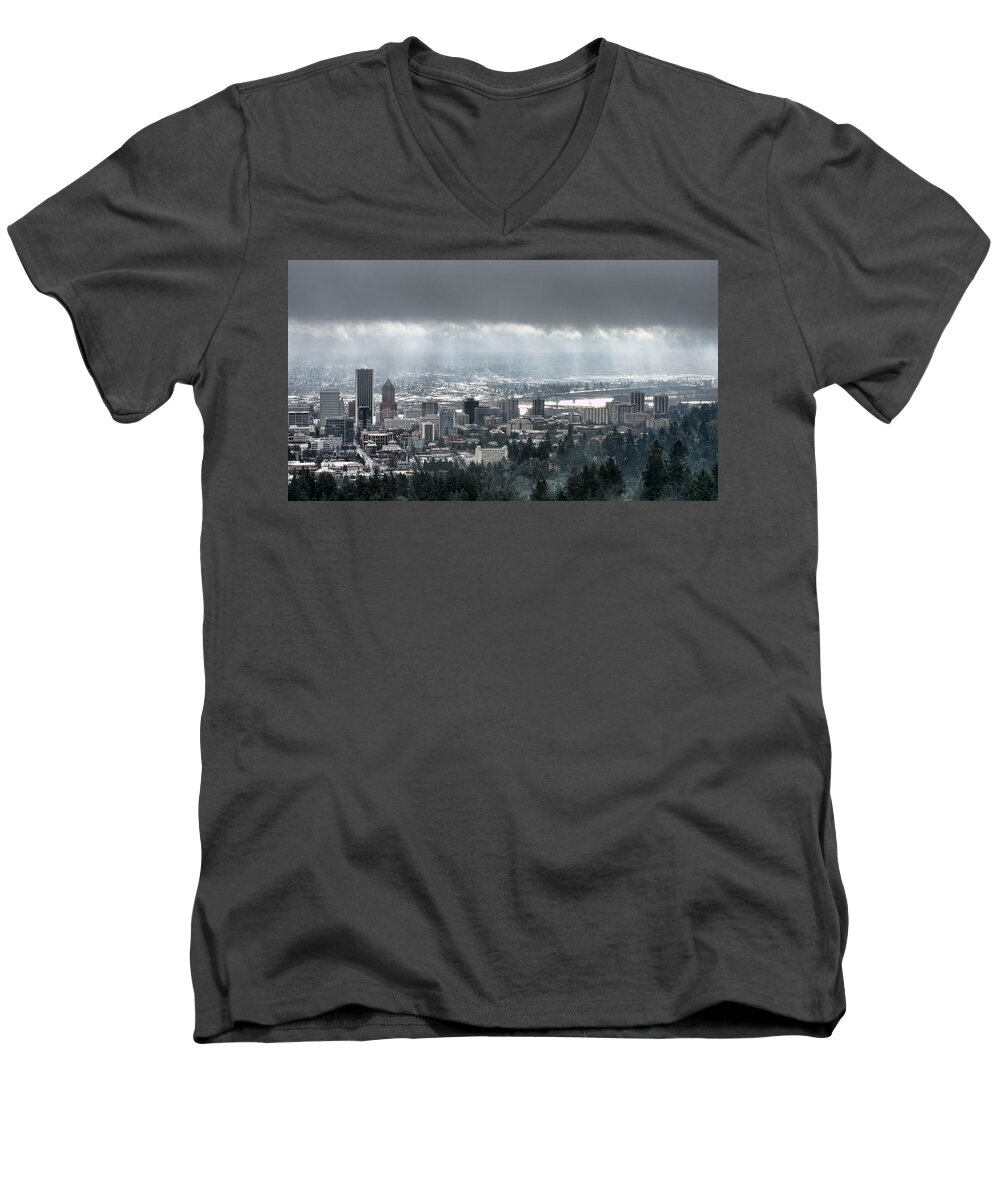 Portland Men's V-Neck T-Shirt featuring the photograph Portland Oregon After a Morning Rain by Don Schwartz