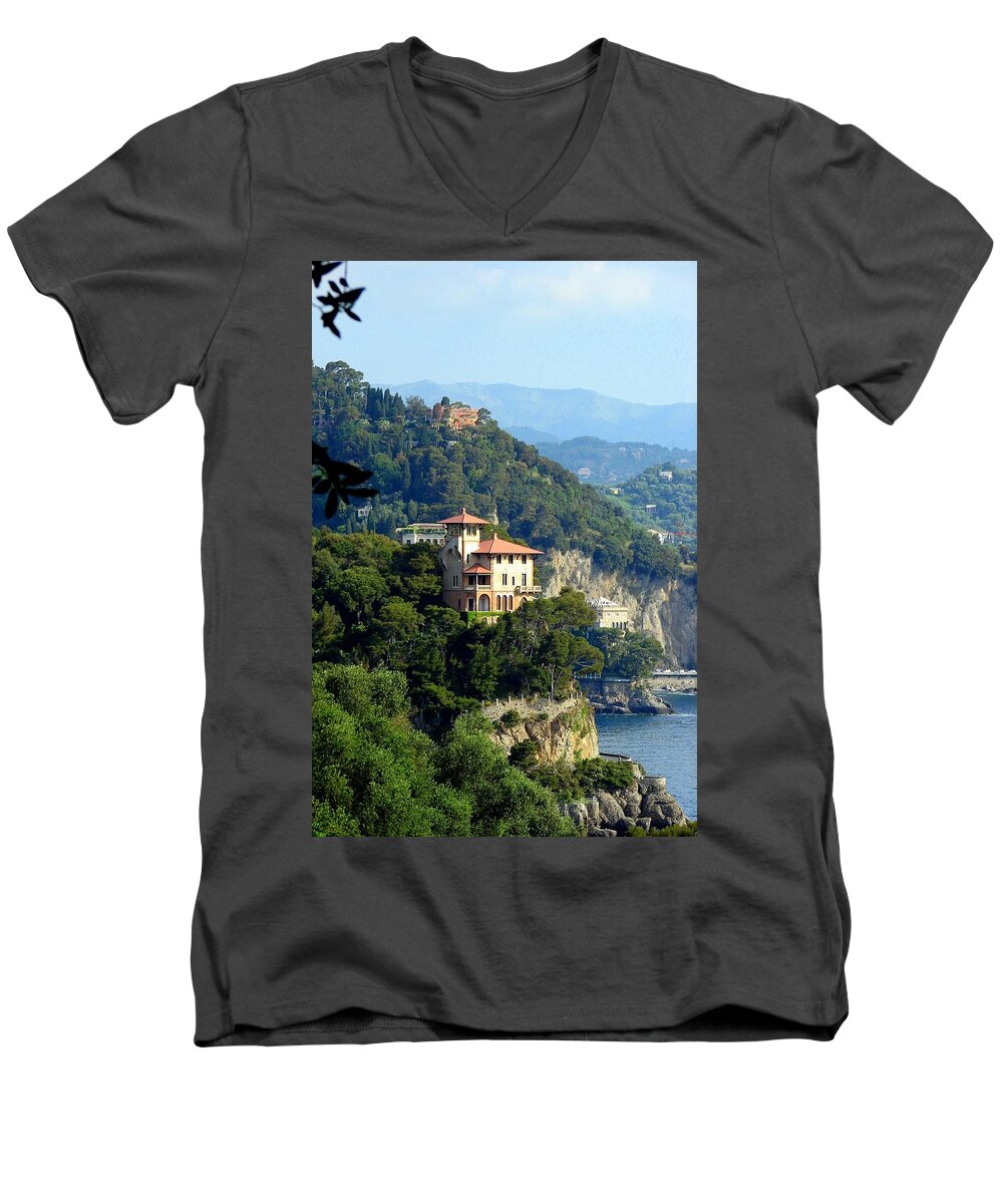 Portofino Men's V-Neck T-Shirt featuring the photograph Portofino Coastline by Carla Parris