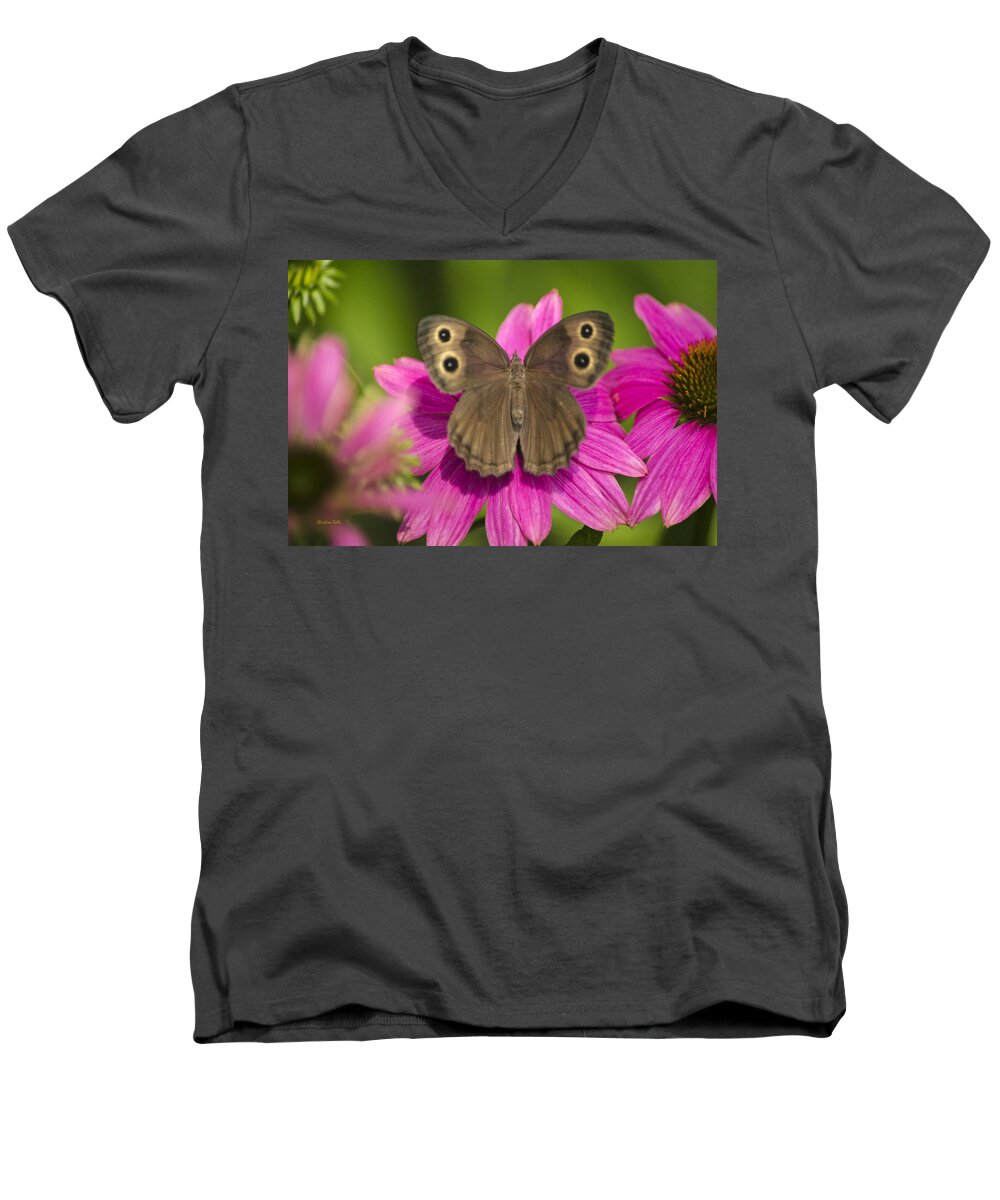 Butterfly Men's V-Neck T-Shirt featuring the photograph Butterfly on Pink Flowers by Christina Rollo