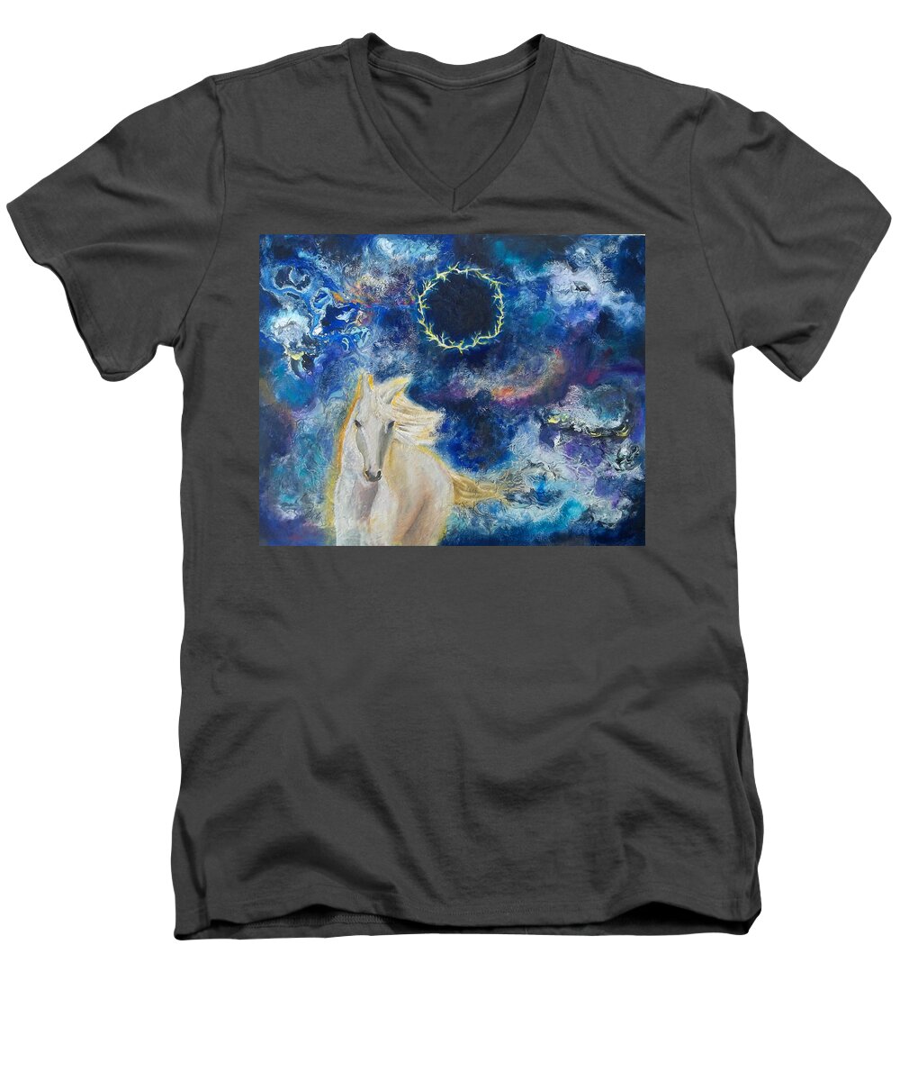 Prophetic Men's V-Neck T-Shirt featuring the painting Prophetic Message Sketch Painting 6 Ring of Lightning White Horse by Anne Cameron Cutri