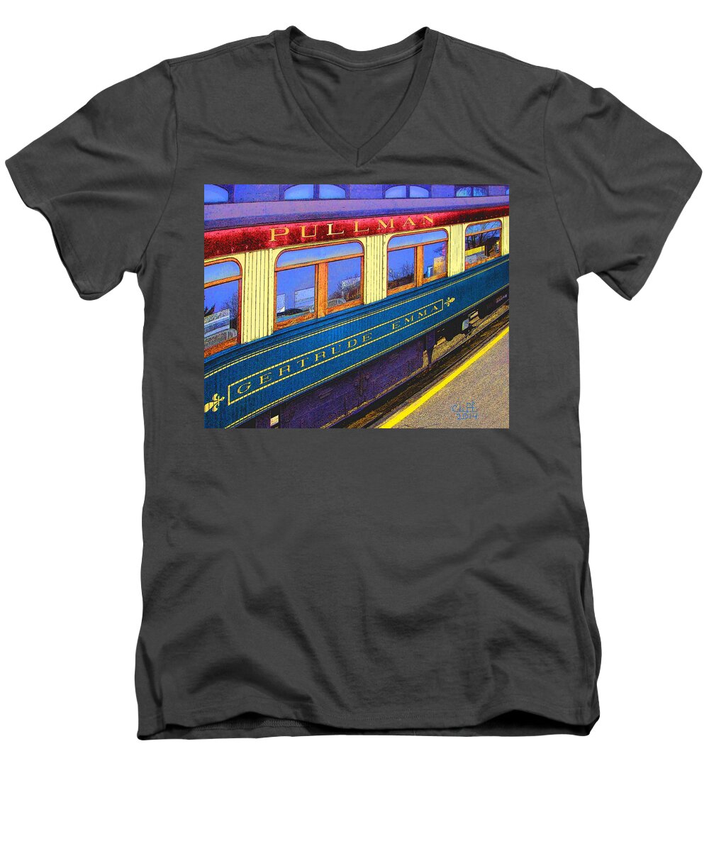 Trains Men's V-Neck T-Shirt featuring the painting Pullman by Cliff Wilson