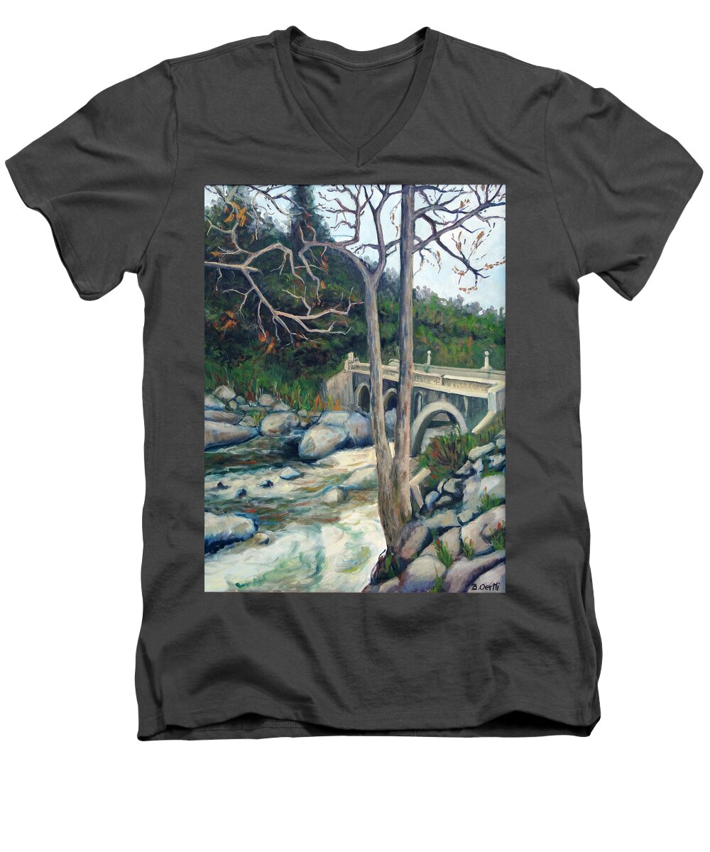 Landscape Men's V-Neck T-Shirt featuring the painting Pumpkin Hollow Bridge by Barbara Oertli