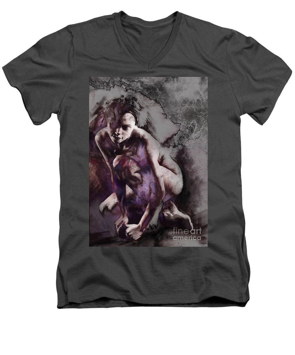 Quiescent Men's V-Neck T-Shirt featuring the drawing Quiescent with texture by Paul Davenport