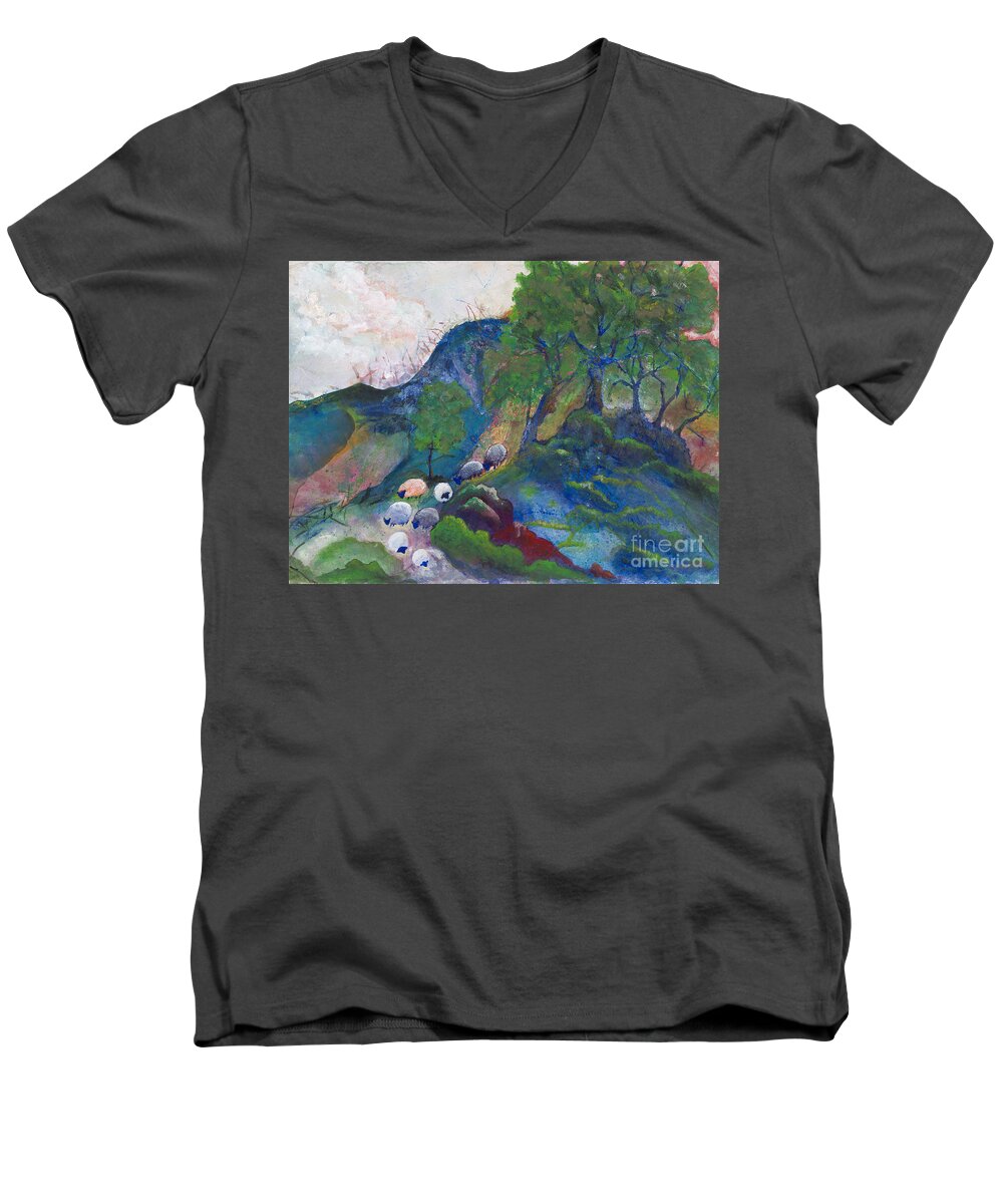 Sheep Men's V-Neck T-Shirt featuring the painting Quiller's Sheep by Ginny Neece