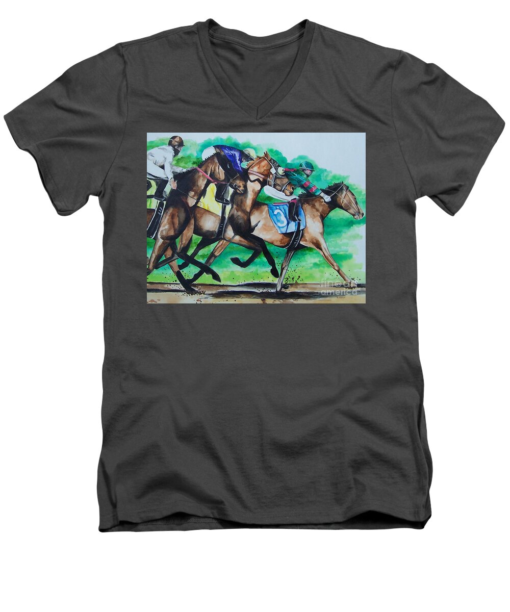 Racing Men's V-Neck T-Shirt featuring the painting Race Day by Kathy Laughlin
