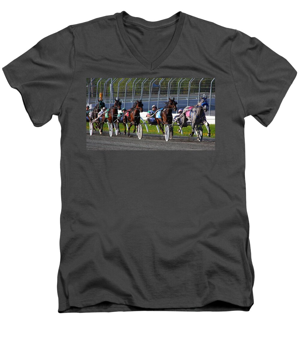 Horse Men's V-Neck T-Shirt featuring the photograph Race to the Finish by Davandra Cribbie