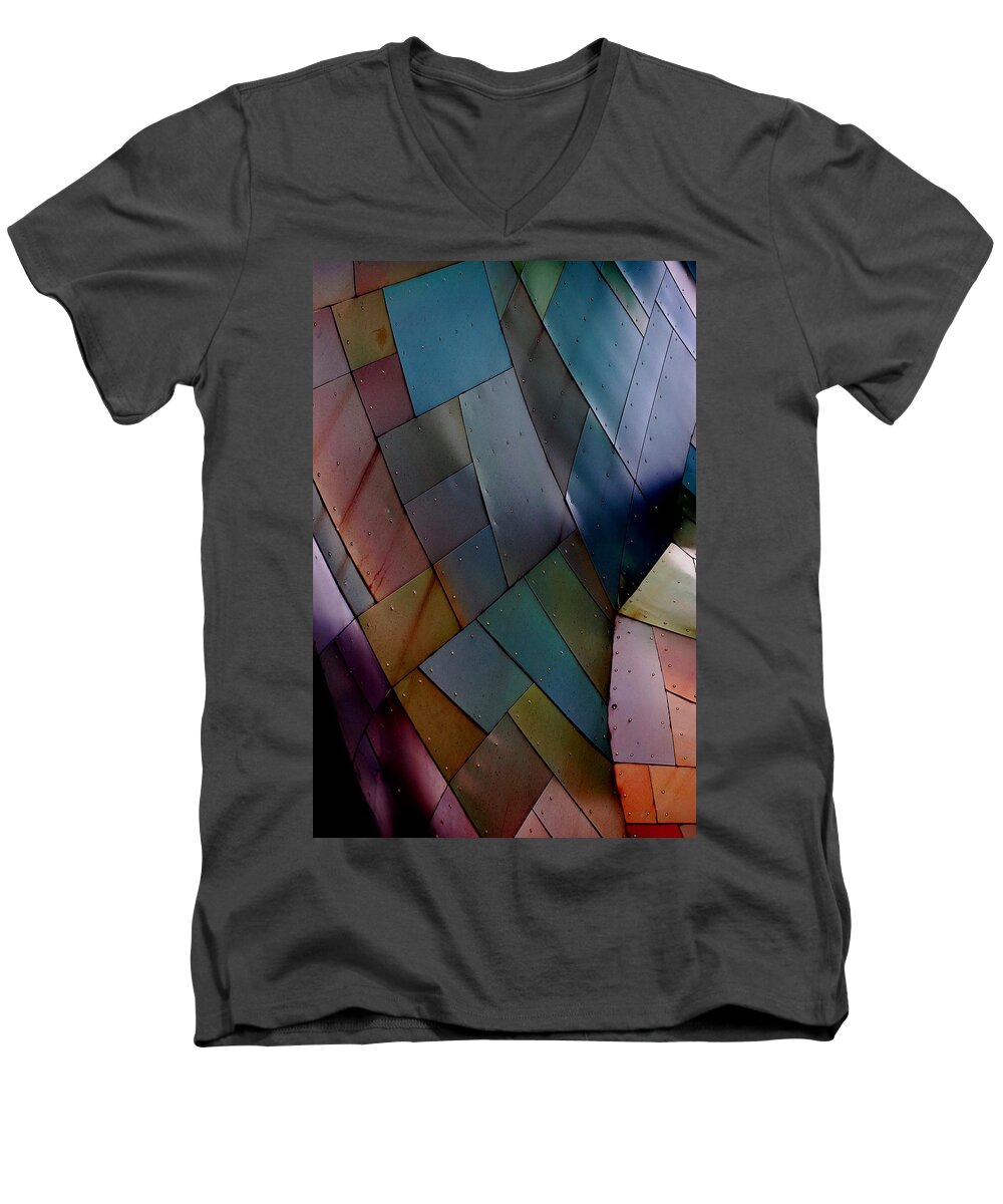 Blue Green Orange Yellow Lime Pink Red Purple Violet Shingles Copper Experience Music Project Seattle Wa Men's V-Neck T-Shirt featuring the photograph Rainbow Shingles by Holly Blunkall