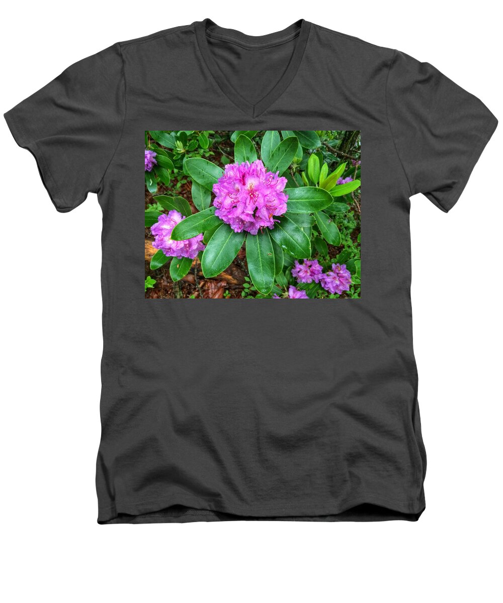 Rhododendron Men's V-Neck T-Shirt featuring the photograph Rainy Rhodo by Chris Berrier
