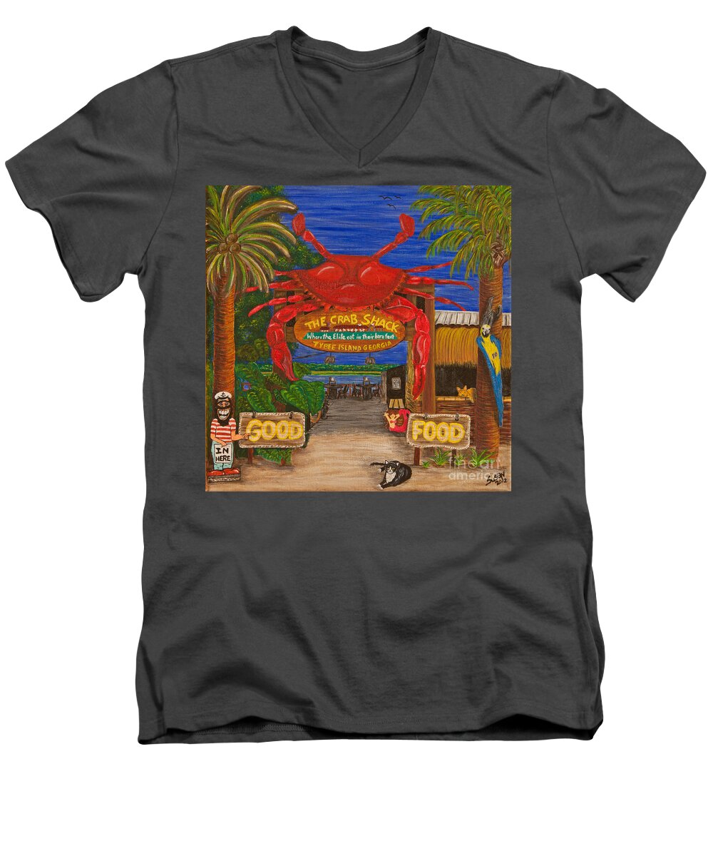 Crab Shack Men's V-Neck T-Shirt featuring the painting Ready for the Day at The Crab Shack by Susan Cliett