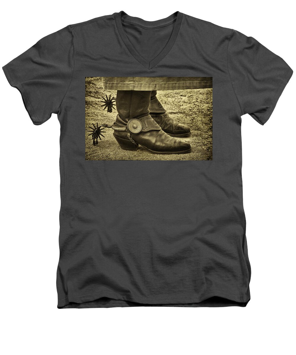 Boots Men's V-Neck T-Shirt featuring the photograph Ready to Ride by Priscilla Burgers