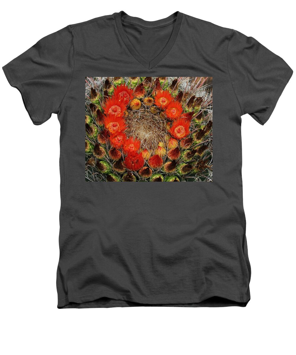 Red Barel Cactus Flowers Men's V-Neck T-Shirt featuring the photograph Red Barell Cactus Flowers by Tom Janca
