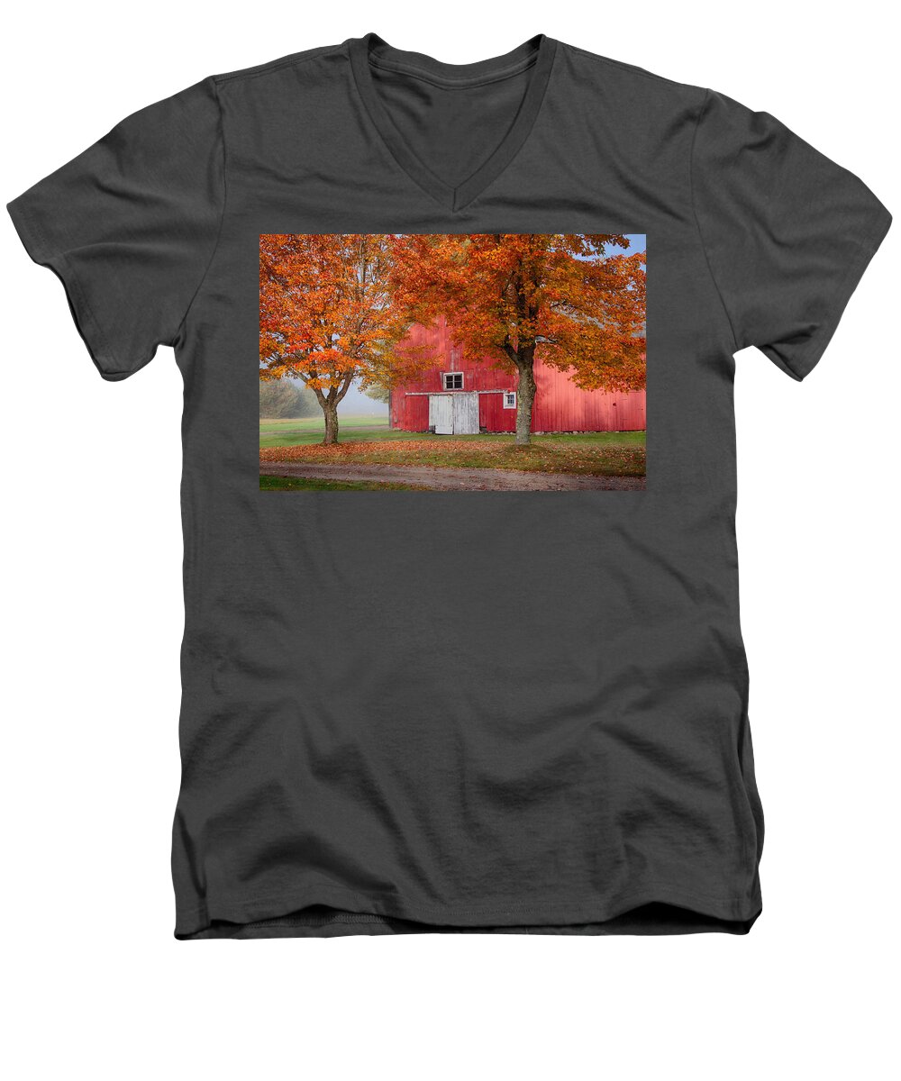 Fall Colors Men's V-Neck T-Shirt featuring the photograph Red Barn With White Barn Door by Jeff Folger