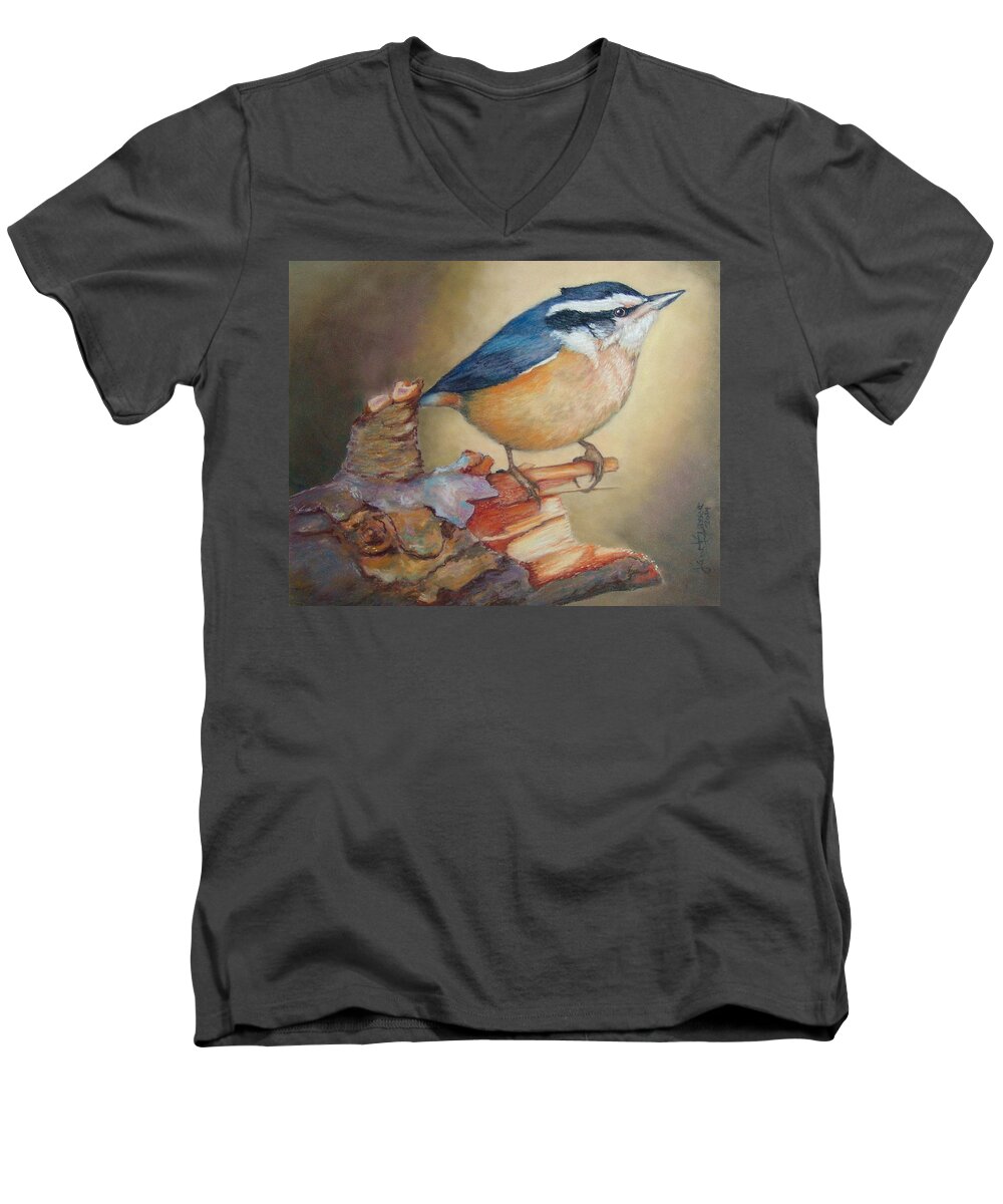 Bird Men's V-Neck T-Shirt featuring the painting Red-Breasted Nuthatch Bird by Janet Garcia