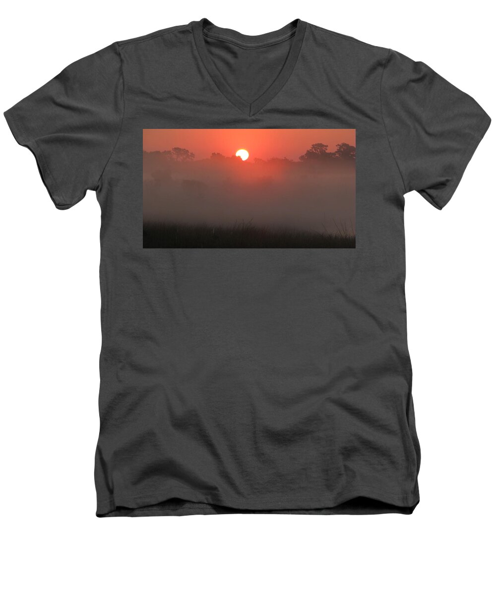 Misty Men's V-Neck T-Shirt featuring the photograph Red Dawn by Peggy Urban