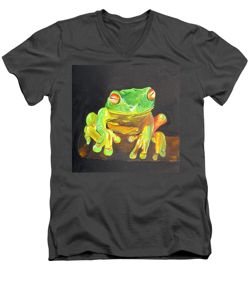 Amphibian Men's V-Neck T-Shirt featuring the painting Red Eyed Tree Frog by Taiche Acrylic Art