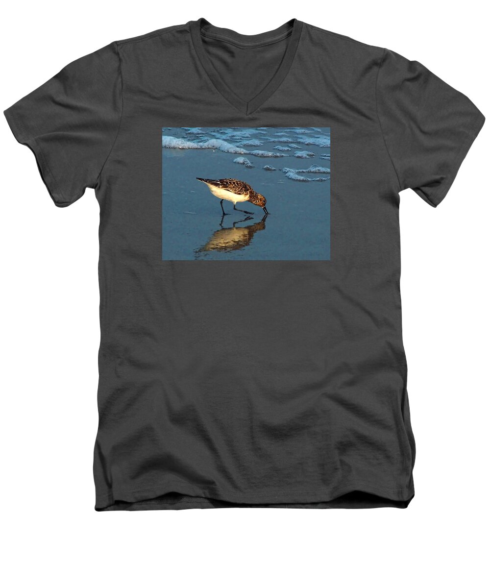 Sandpiper Men's V-Neck T-Shirt featuring the photograph Reflection At Sunset by Sandi OReilly