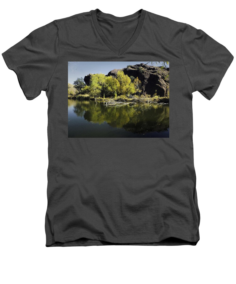 Reflections Men's V-Neck T-Shirt featuring the photograph Reflections at the Lake by Lucinda Walter