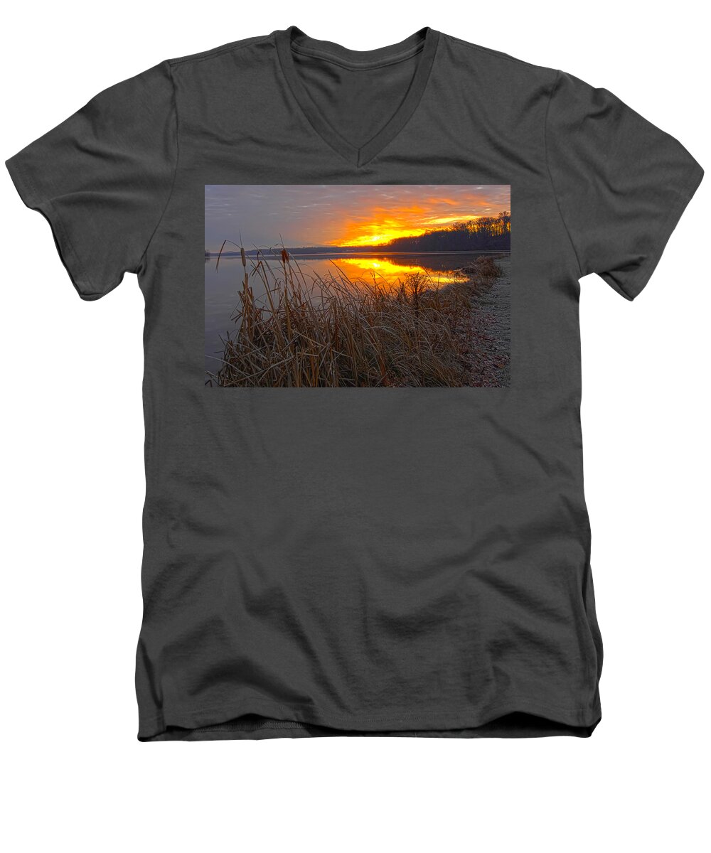 Cattails N Shoreline On Lake At Sunrise Men's V-Neck T-Shirt featuring the photograph Rising Sunlights Up Shore Line Of Cattails by Randall Branham