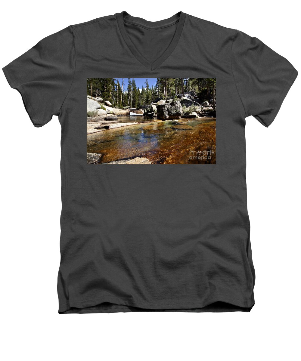 Mountain Photographs Men's V-Neck T-Shirt featuring the photograph River flows by David Millenheft