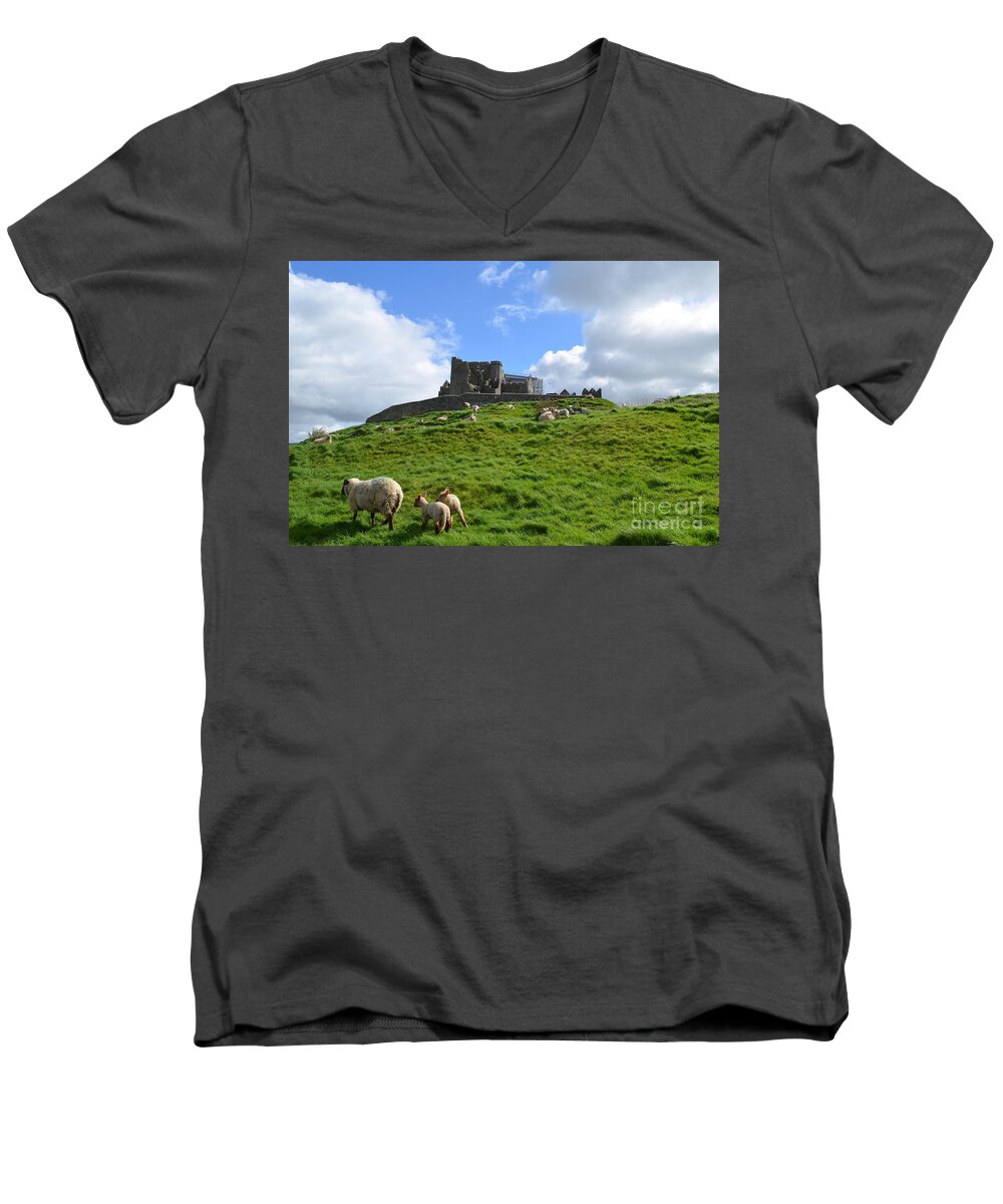 Cashel Men's V-Neck T-Shirt featuring the photograph Rock of Cashel in the Distance by DejaVu Designs
