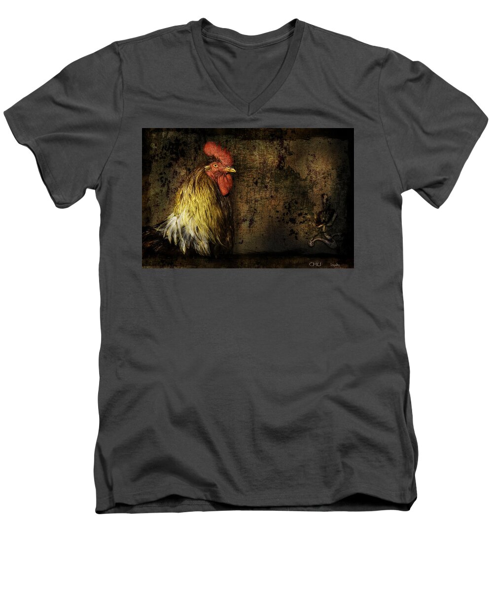 Animal Men's V-Neck T-Shirt featuring the mixed media Rooster with Brush Calligraphy Loyalty by Peter V Quenter