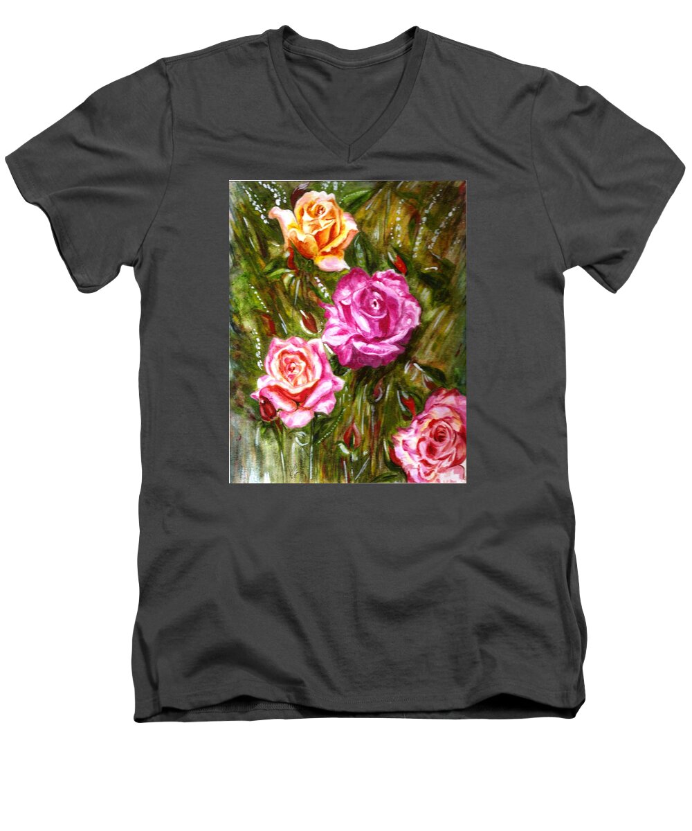 Landscape Men's V-Neck T-Shirt featuring the painting Roses by Harsh Malik