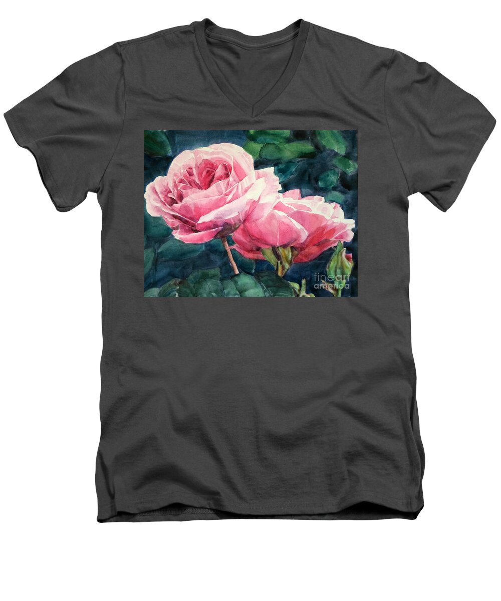 Watercolor Men's V-Neck T-Shirt featuring the painting Watercolor of Two Luscious Pink Roses by Greta Corens