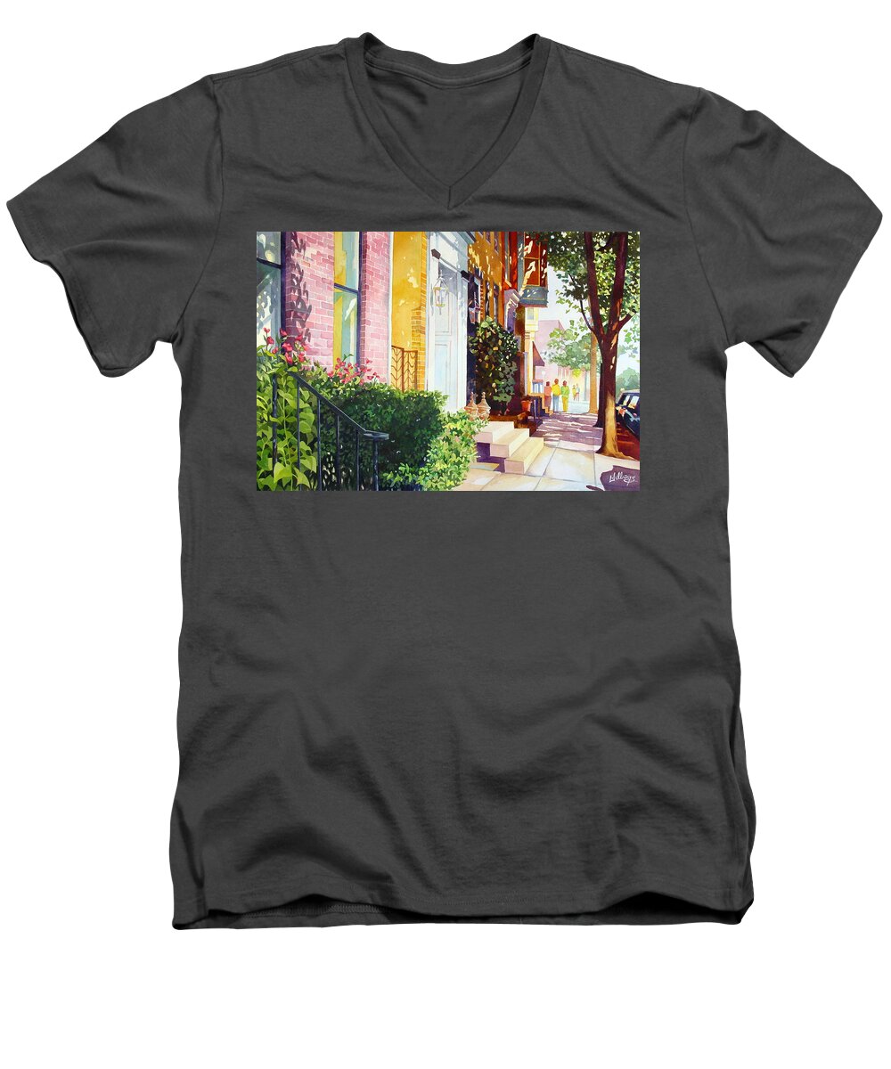 Landscape Men's V-Neck T-Shirt featuring the painting Rowhouses by Mick Williams