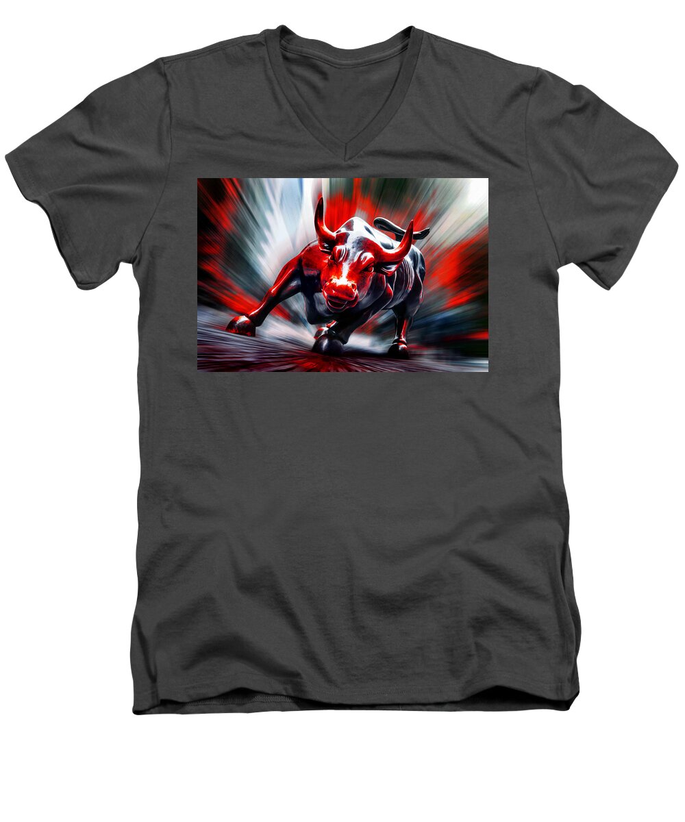 Wall Street Charging Bull In Red Men's V-Neck T-Shirt featuring the photograph Run by Az Jackson