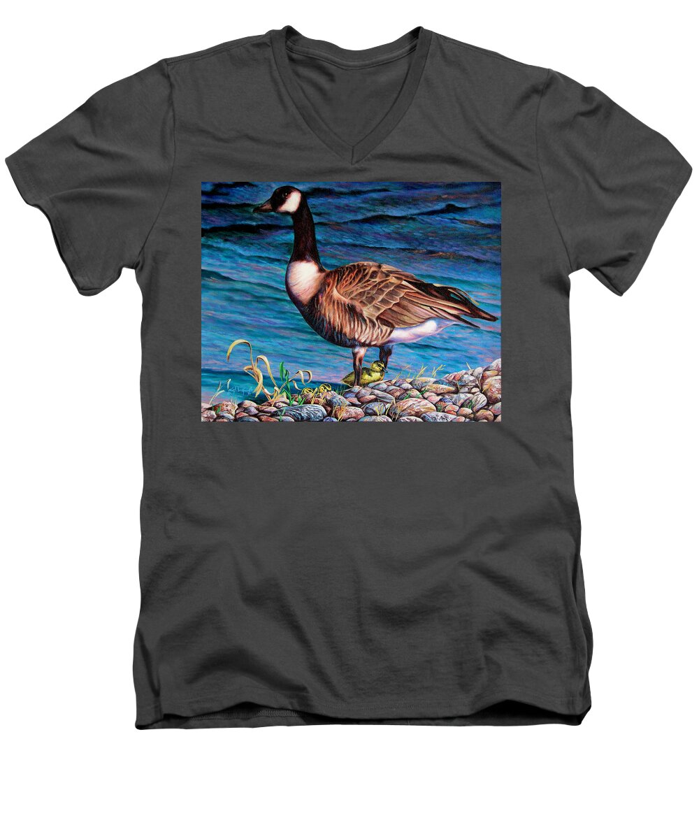 Goose Men's V-Neck T-Shirt featuring the painting Running for Cover by Craig Burgwardt