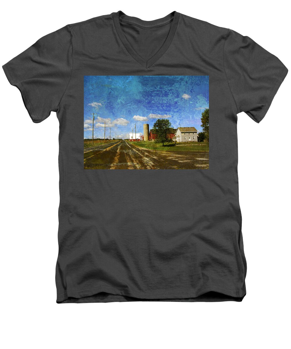 Wisconsin Men's V-Neck T-Shirt featuring the digital art Rural WI Road w texture by Anita Burgermeister
