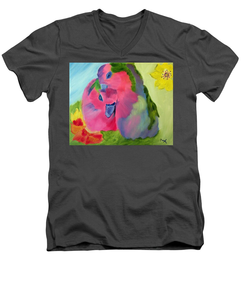 Mom And Baby Bird Men's V-Neck T-Shirt featuring the painting Safe and Sound by Meryl Goudey