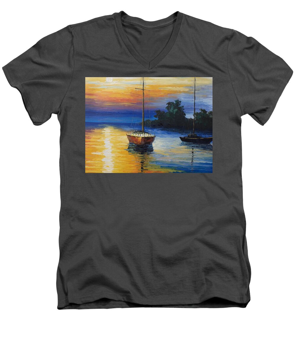 Landscape Men's V-Neck T-Shirt featuring the painting Sailboat At Sunset by Rosie Sherman