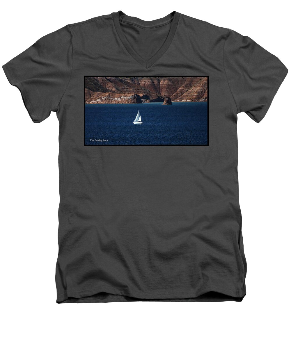 Sailing Men's V-Neck T-Shirt featuring the photograph Sailing At Roosevelt Lake On the Blue Water by Tom Janca