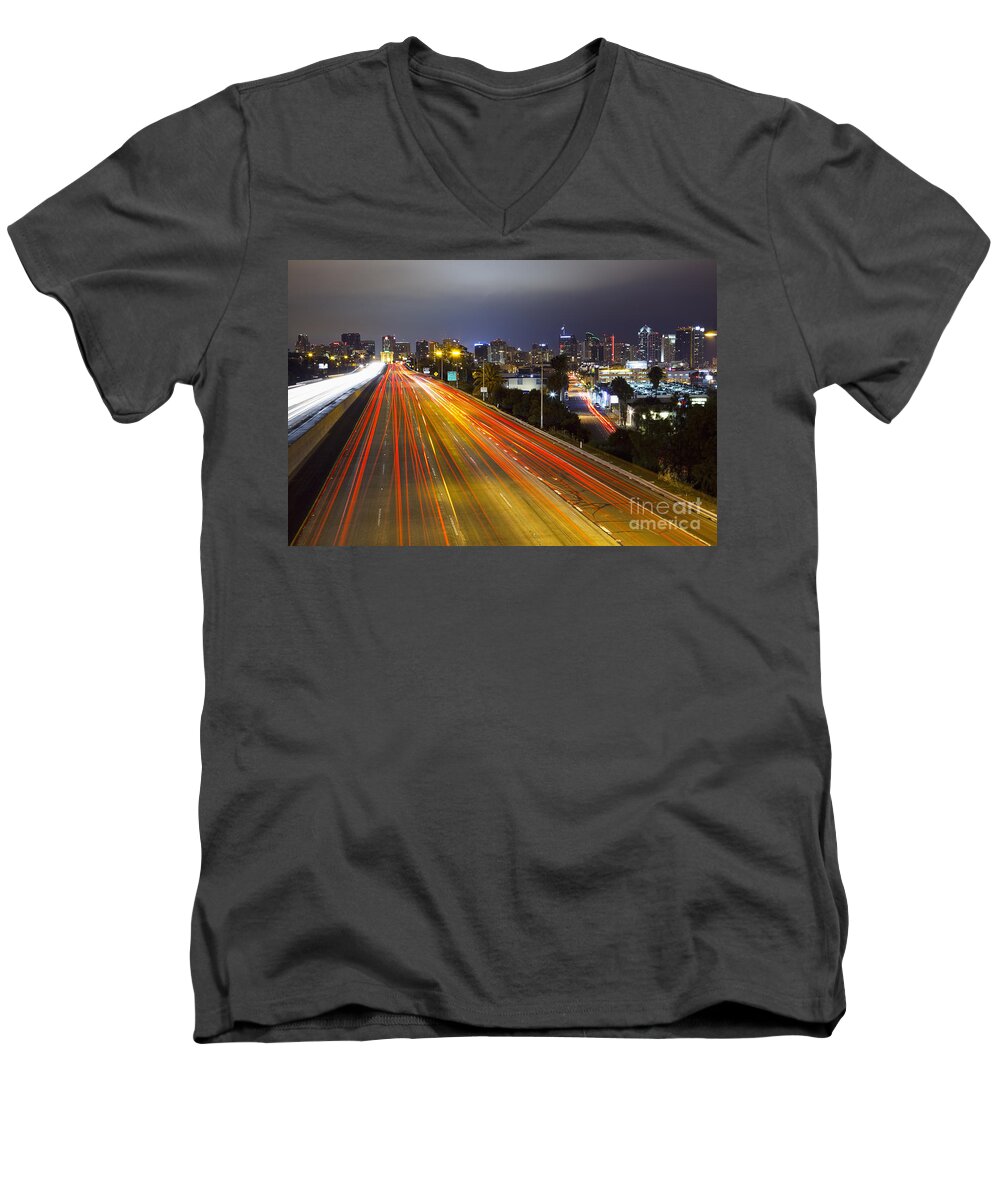 Long Exposure Men's V-Neck T-Shirt featuring the photograph San Diego Skyline by Bryan Mullennix