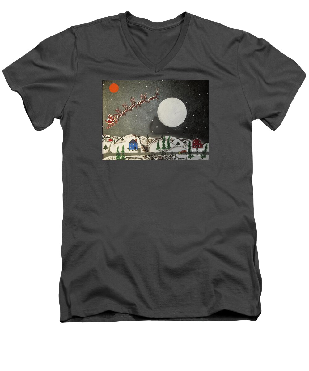  Men's V-Neck T-Shirt featuring the painting Santa over the moon by Jeffrey Koss