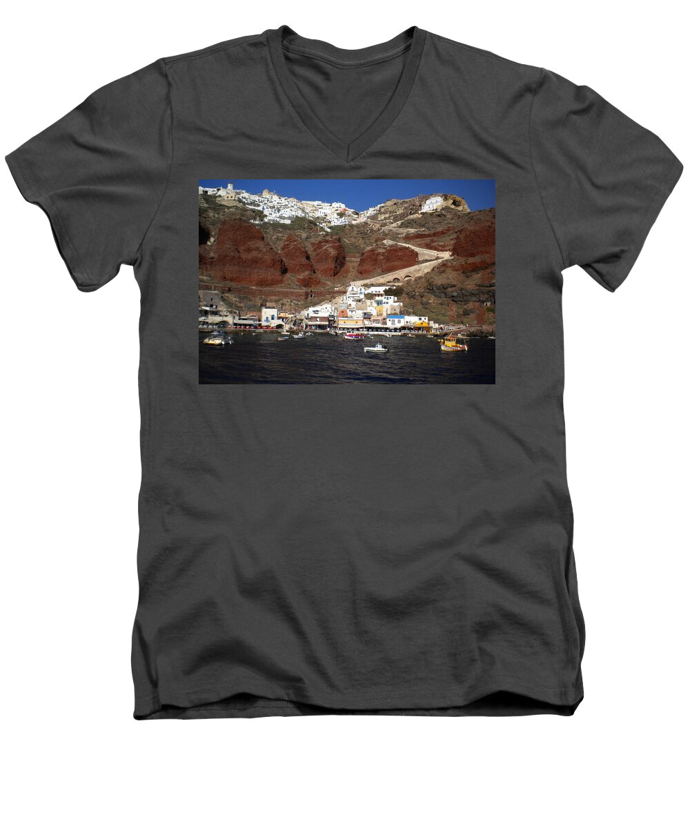 Colette Men's V-Neck T-Shirt featuring the photograph Santorini Island View to Oia Greece by Colette V Hera Guggenheim
