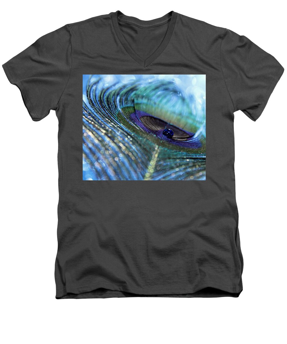 Peacock Feather Men's V-Neck T-Shirt featuring the photograph Saphire Blues by Krissy Katsimbras