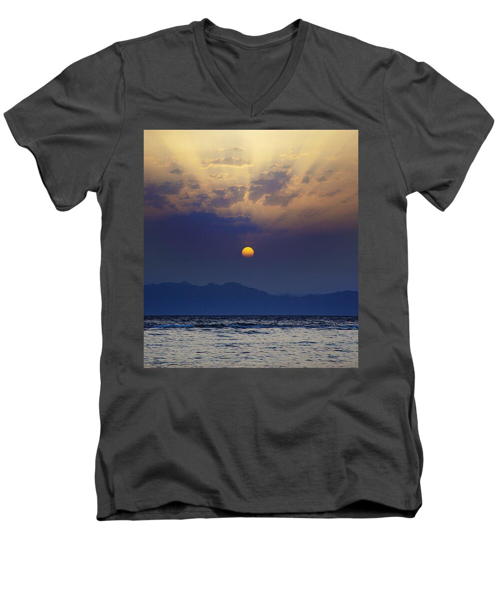 Sunrise Photograph Men's V-Neck T-Shirt featuring the photograph Saudi Sunrise Seascape by David Davies