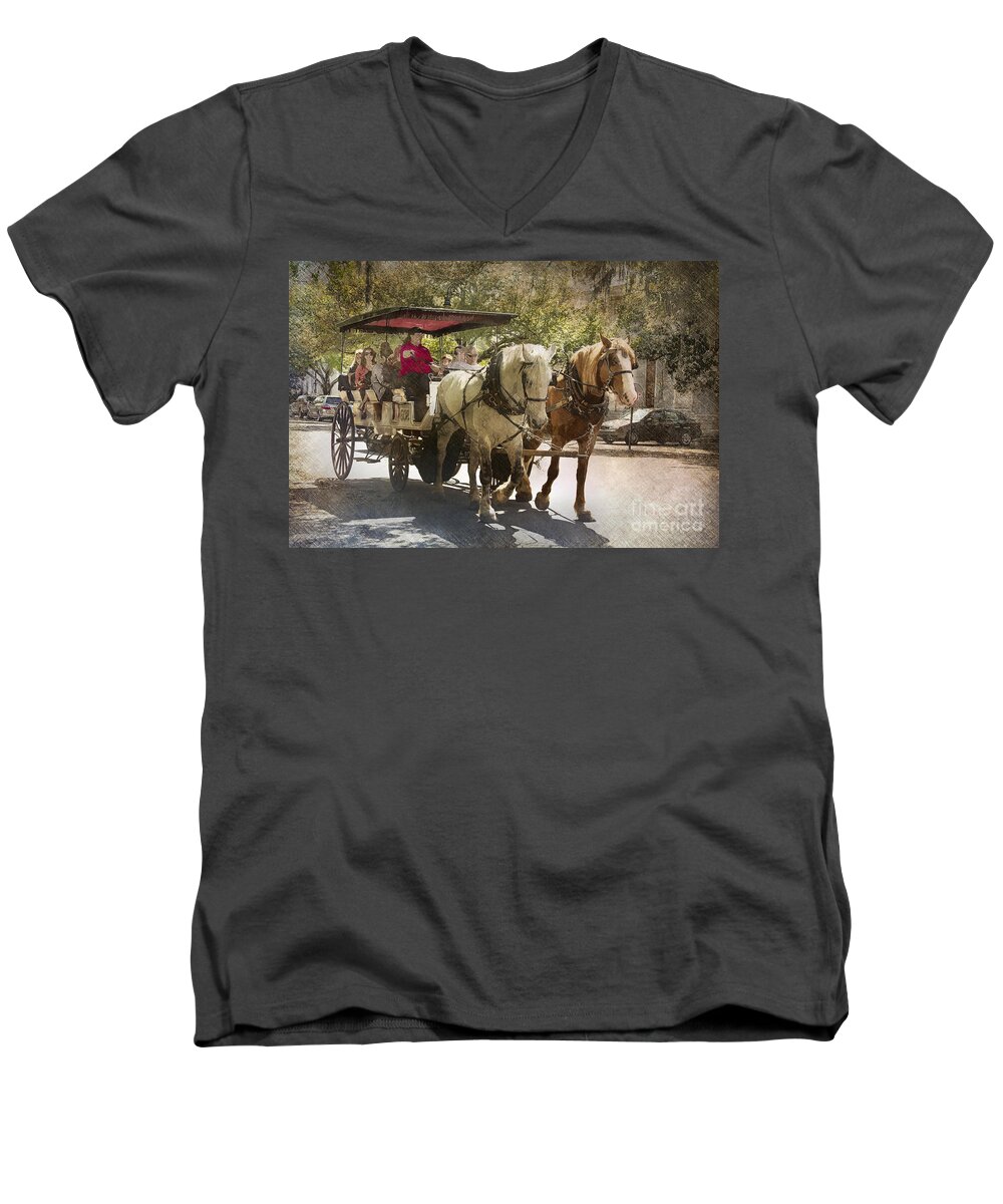 Savannah Men's V-Neck T-Shirt featuring the photograph Savannah Carriage Ride by Carrie Cranwill